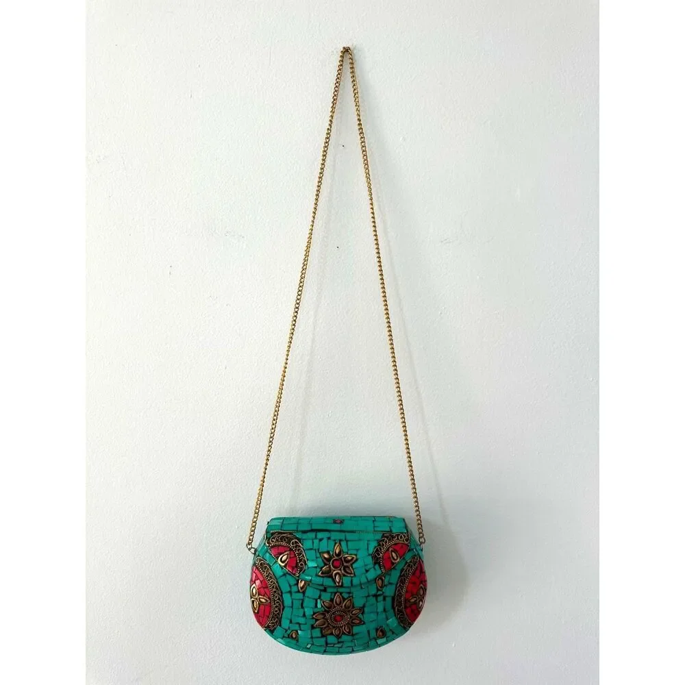Vintage Turquoise Mosaic Tile Purse Coral Stone Inlay Crossbody Gold Chain Bag